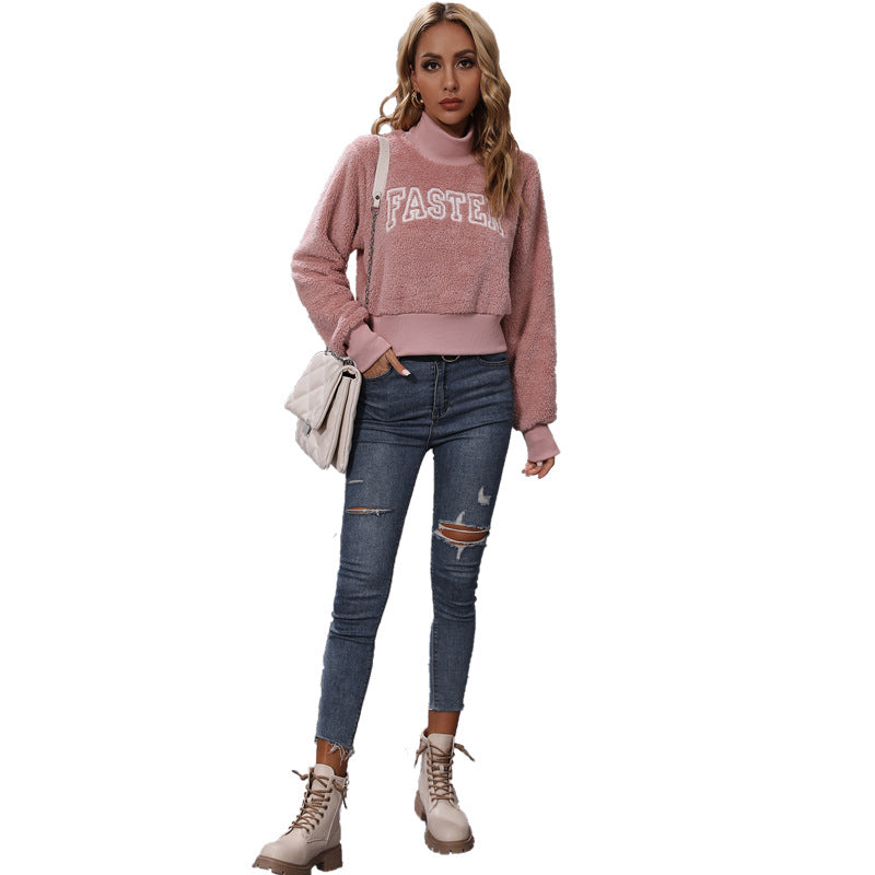 Autumn women's round-neck pullover long sleeve alphabet embroidery pink sweatshirt