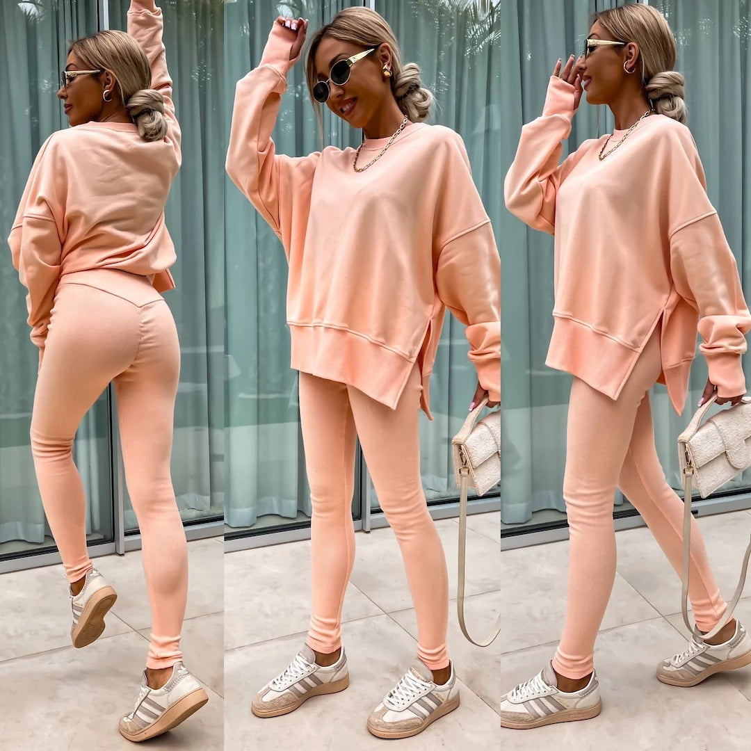 Spring sweater suit women's European and American casual loose long-sleeved round neck split top tight trousers