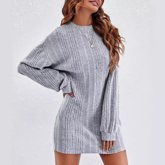 Spring and Autumn women's knitted pullover round neck long sleeve dress