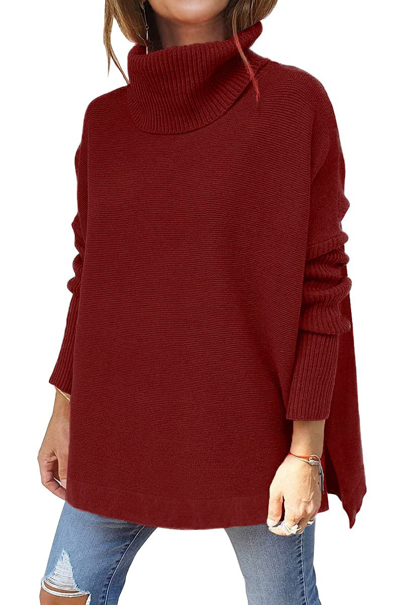 Turtleneck sweater mid-length batwing sleeve hem waist pullover sweater needle woven women