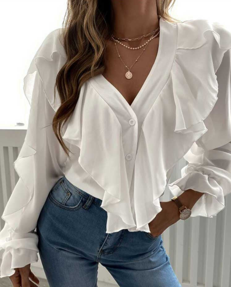 Spring and Autumn women's V-neck flounce top shirt long sleeve