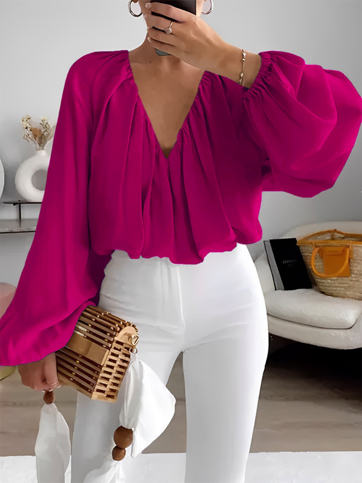 Printed V-neck long sleeve shirt elegant women's loose solid color top