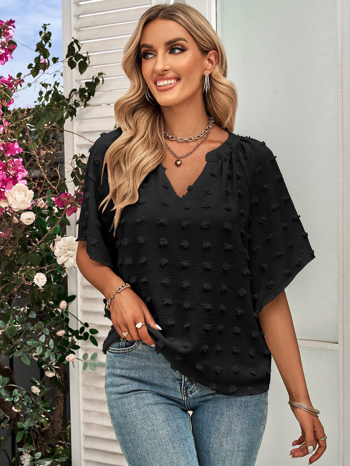 Women's casual style V-neck solid color hairball top women