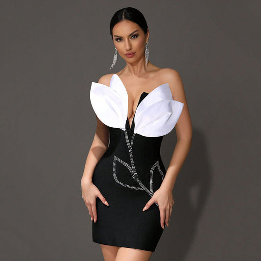 Sexy One-Shoulder Sleeveless 3D Flower Diamond Mini Bandage Dress