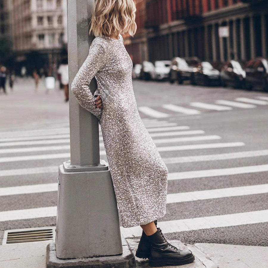 New simple bead piece street style fashion long-sleeved dress