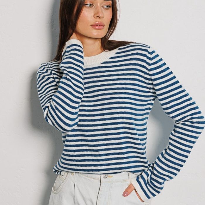 Striped sweater autumn thread contrast color round neck pullover women's knitted striped top