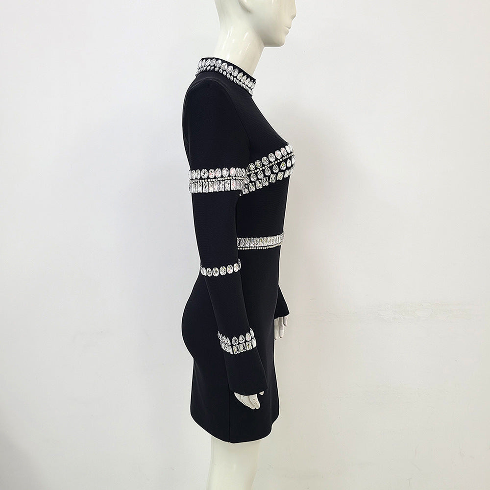 Black Long Sleeve Stand Collar Sewed Diamond Stretch Bandage Dress