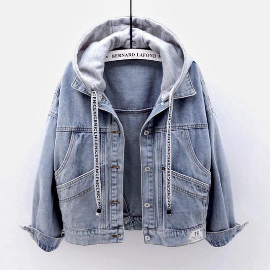 New Korean version hooded denim jacket women's short fashion big pocket jacket