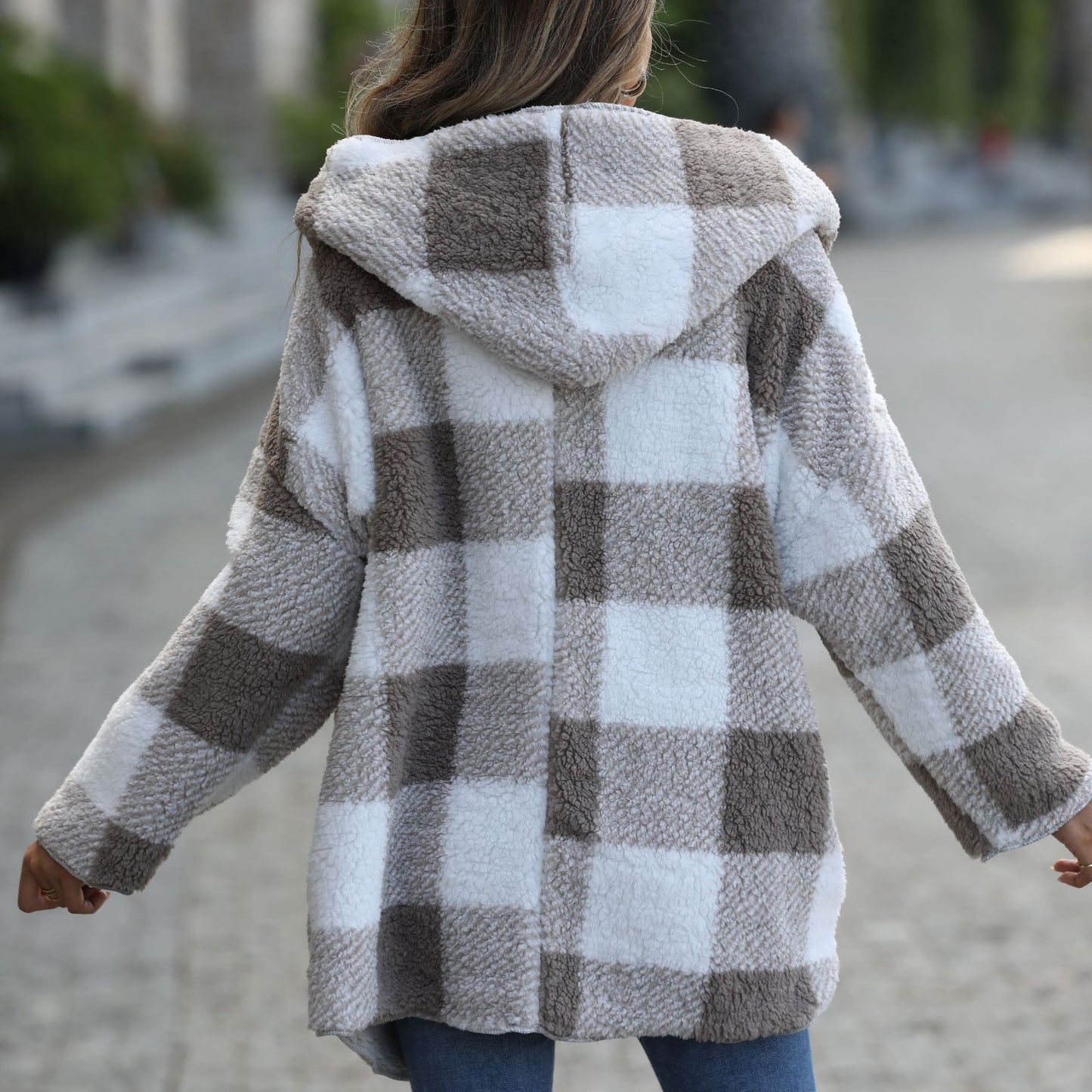 Casual plush women's hooded regular long-sleeved loose plaid bubble velvet buckle-free coat