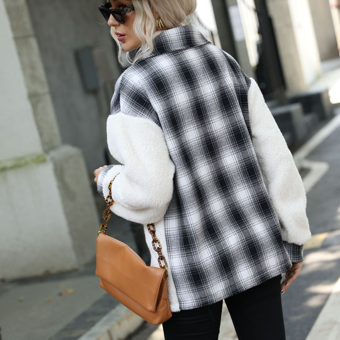 Women's double-sided velvet Plaid stitching breasted long sleeve plaid lapel plush coat
