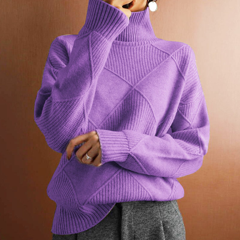 Autumn and winter casual versatile knitted sweater, loose turtleneck solid color knitted pullover