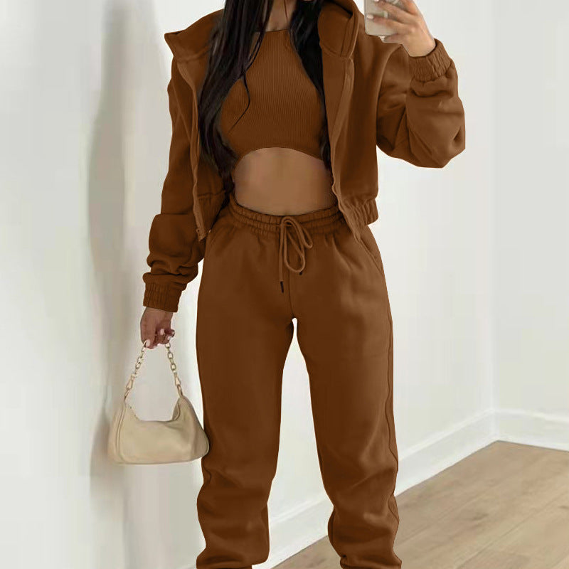 Spring new women's clothing solid color simple hooded sweater sports casual trousers three-piece set
