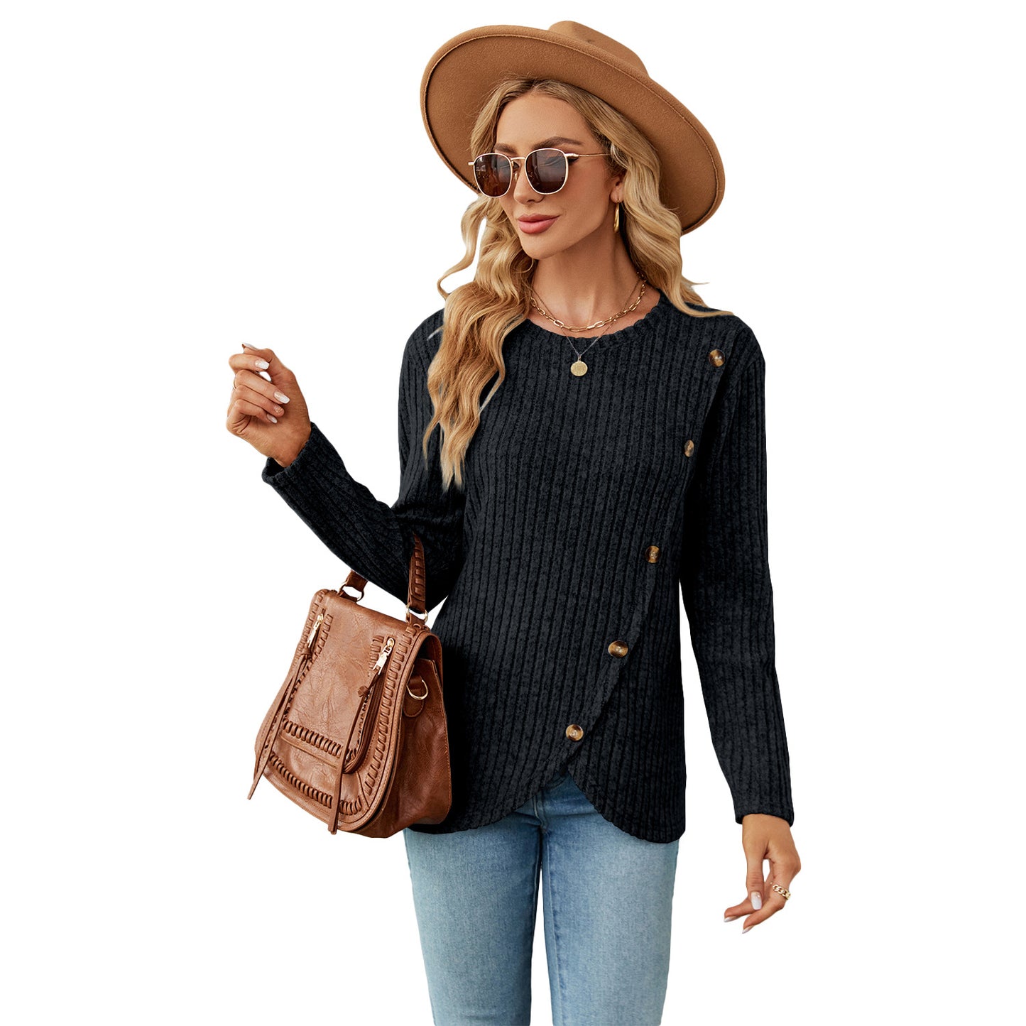 Autumn and Winter new long sleeve round neck tulip hem bottoming shirt T-shirt for women