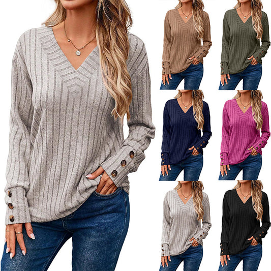 2024 autumn and winter women's long sleeve V-neck shirt solid color buttons T-shirt