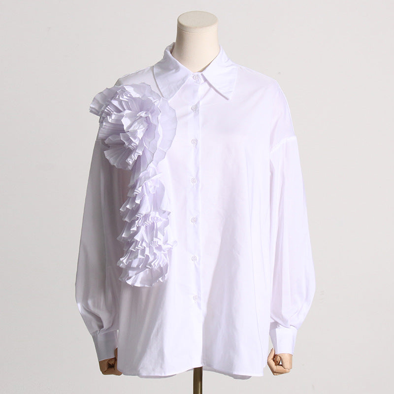 Spring 2024 New French fashion design stitching pleated three-dimensional flower versatile casual shirt long sleeve top