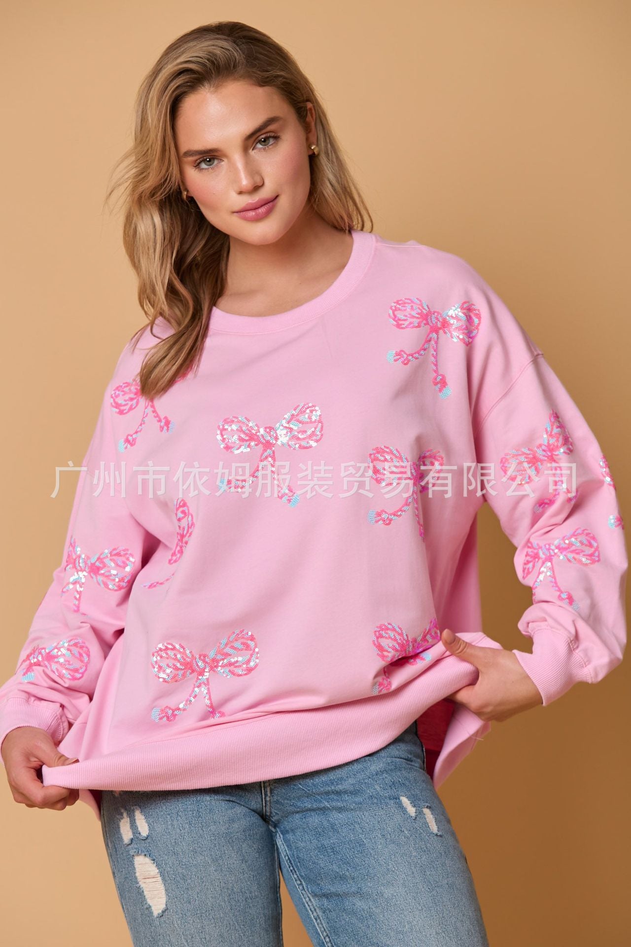 Bow sequined top casual loose long-sleeved sweater women