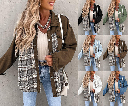 Fall Winter cowboy jacket long sleeve plaid button-down shirt patchwork top coat