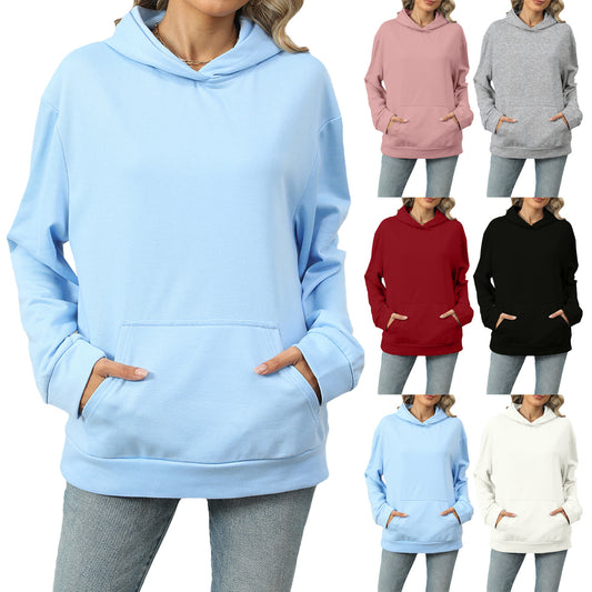 Autumn and Winter leisure hooded pocket sweatshirt solid color pullover women