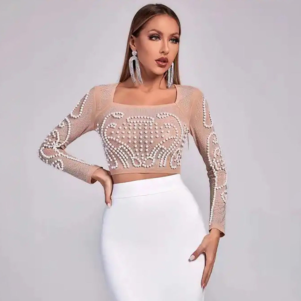 Square Collar Long Sleeve Beaded Top Slim Bandage Skirt Two-Piece Suits
