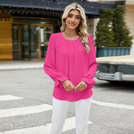 Autumn and Winter solid color round neck long sleeve loose chiffon blouse top for women