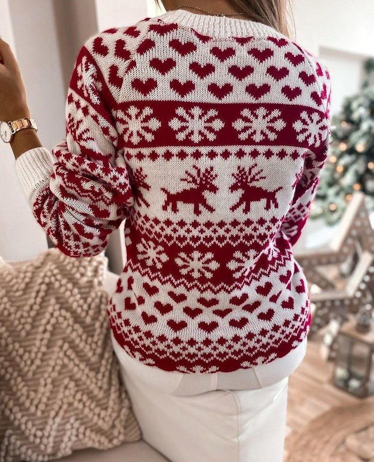 Women's new Christmas elk sweater long sleeve round neck knit sweater