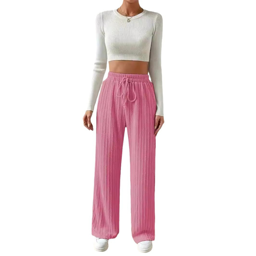 Knot Waist texture knitted wide leg trousers elastic high waist pure color casual baggy straight trousers Women's