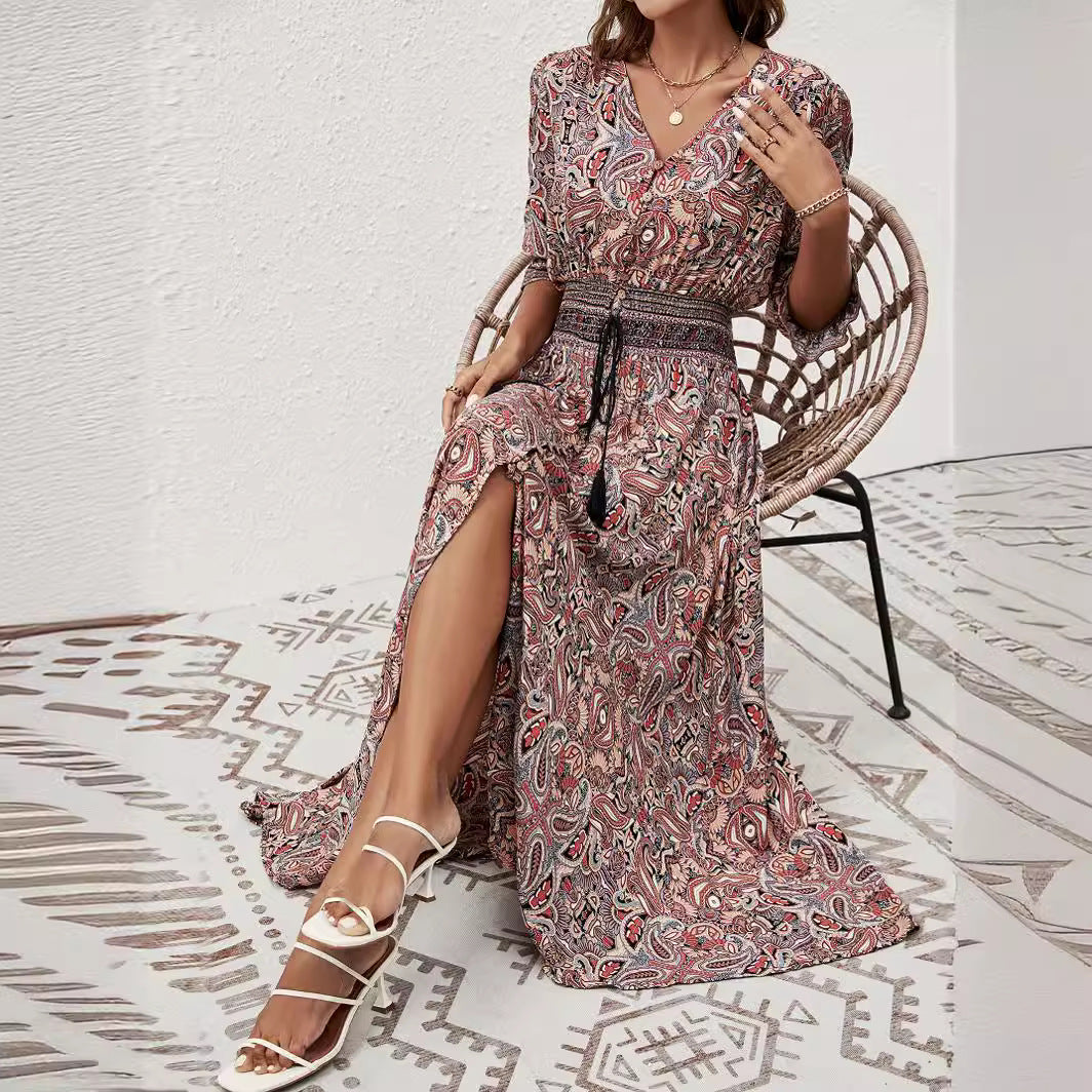 Cotton seven-quarter sleeve waist bohemian casual vacation beach dress