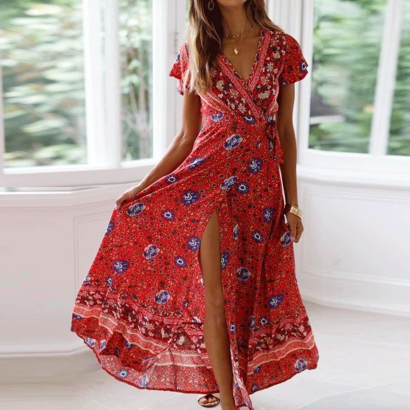 Summer V-Neck Bohemian Vacation Printed Dress Long Dress Spot