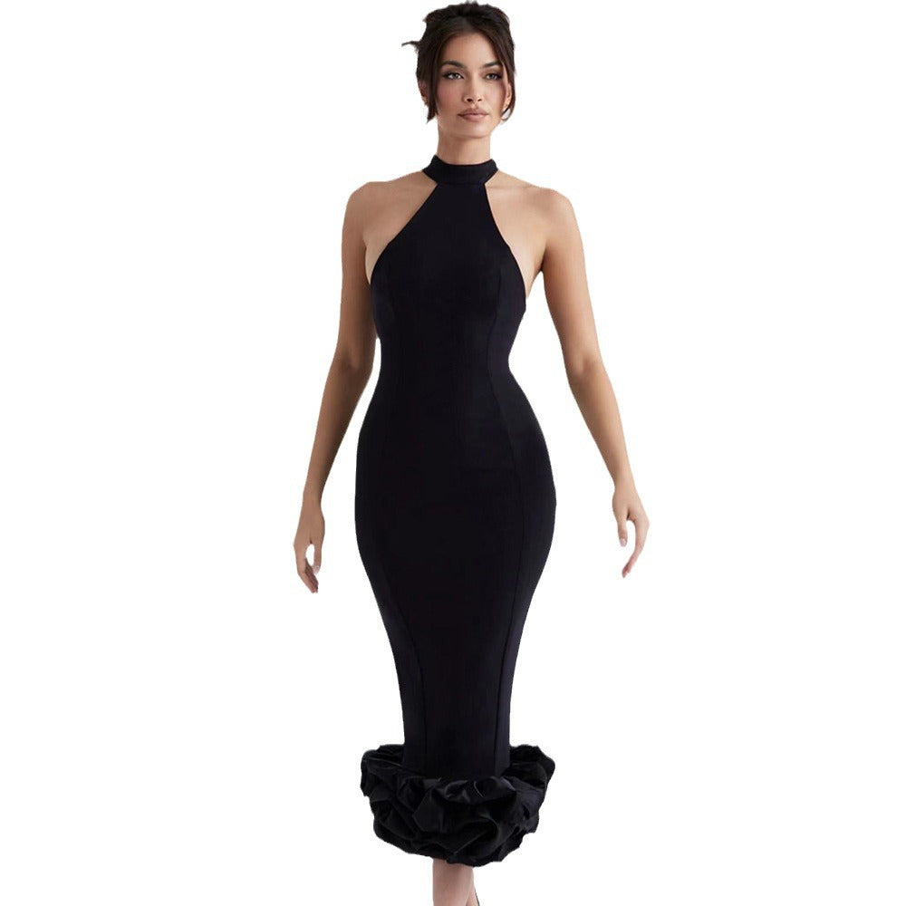 Black Sleeveless Mid-Length Fishtail Folding Slim Bandage Dress Party