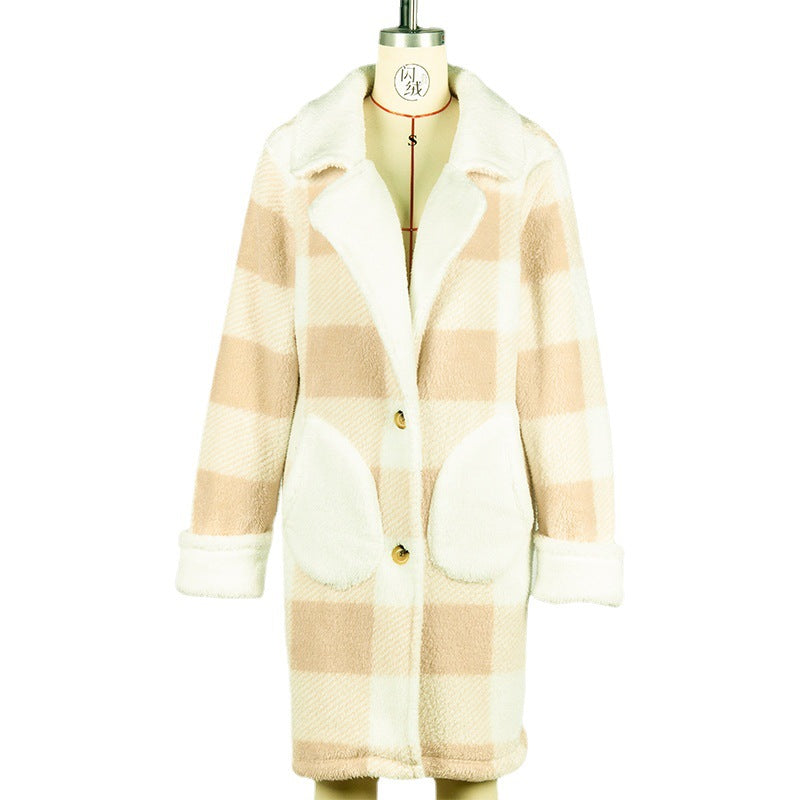 Women's Fall Winter Coat New plaid printed suit collar single-breasted plush long-cut coat