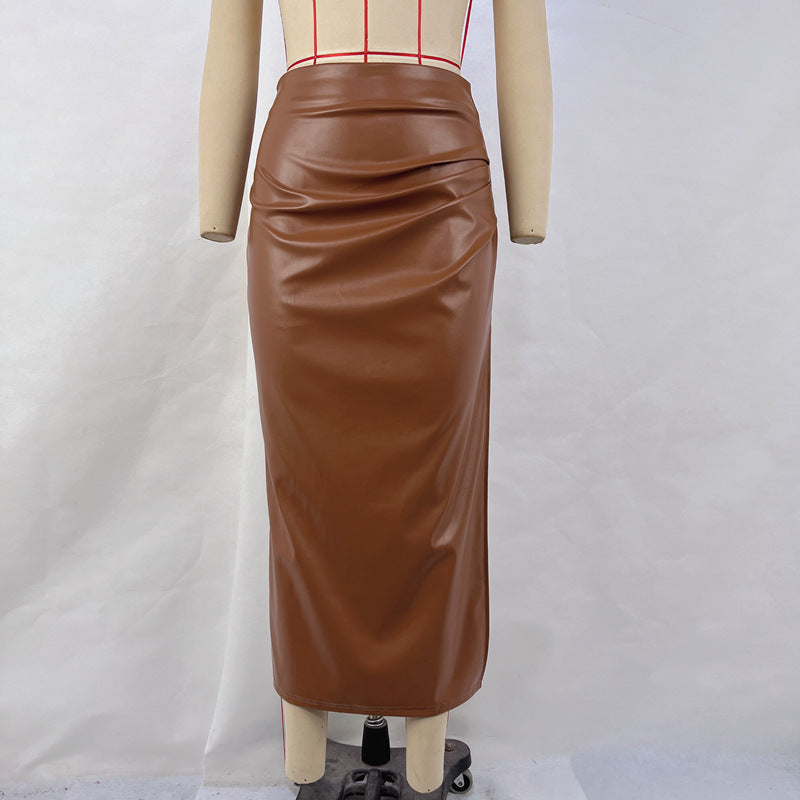 Women's 2024 autumn and winter new solid color PU high waist crimp split skirt women's skirt wholesale