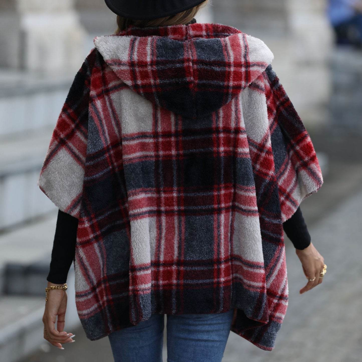 New casual plush women's hooded five-quarter sleeve loose plaid buckle-free coat