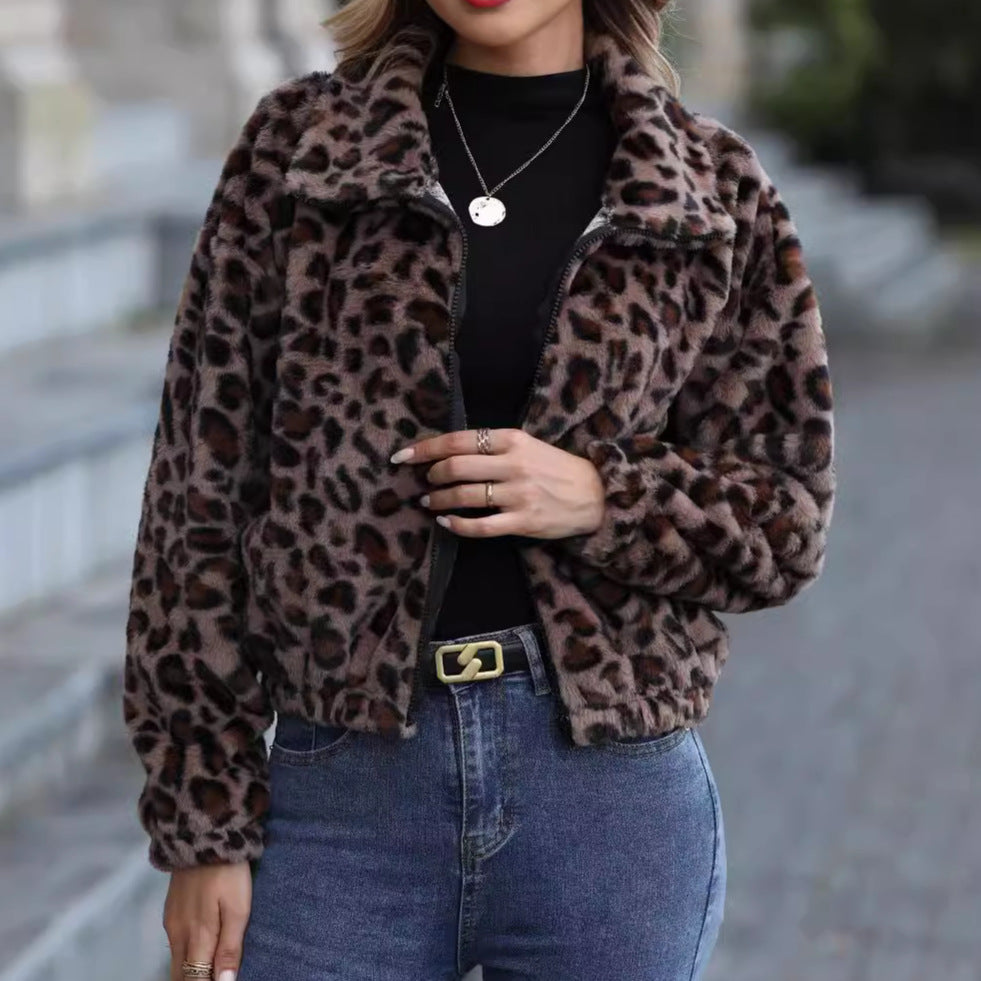 Women's autumn and winter New loose zip long-sleeved leopard plush coat