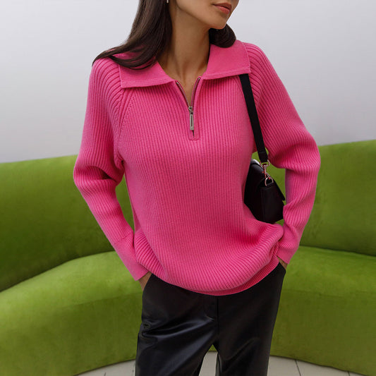 Autumn and Winter simplicity casual polo collar lapel pullover knitted top women's sweater