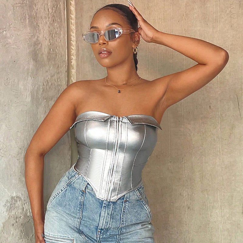 Women's lapel tube top PU leather Fishbone sexy cardigan zipper top vest