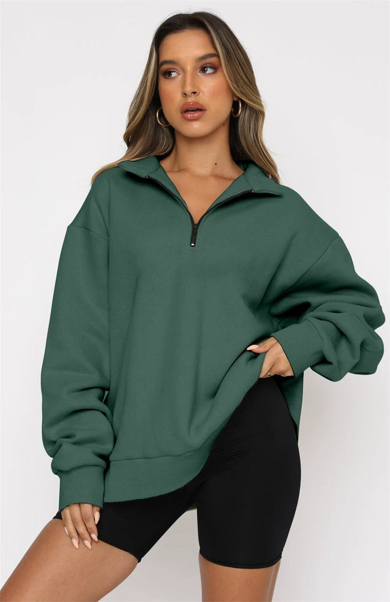 Autumn winter casual loose women hoodie zipper pullover sweater