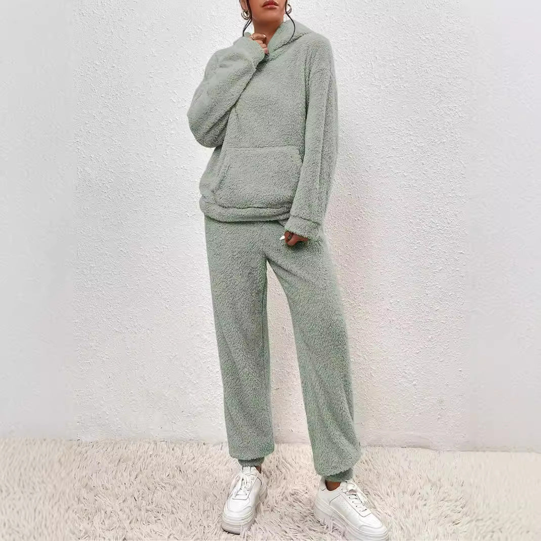 New European and American casual women's clothing, solid color plush hooded long-sleeved trousers suit women