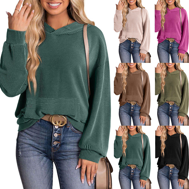 Autumn and winter women's loose twisted bar hooded sweater long sleeve round neck top