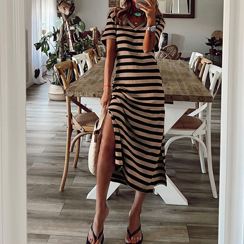 Spring plus size striped printed dress  loose hem skirt