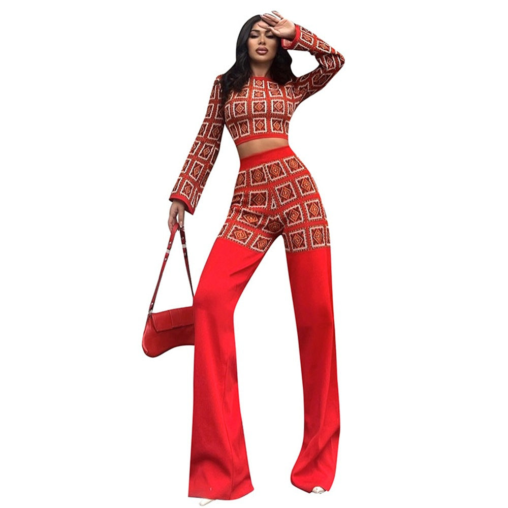 Autumn and Winter ethnic style printed grid long sleeve short top high waist straight-leg pants suit