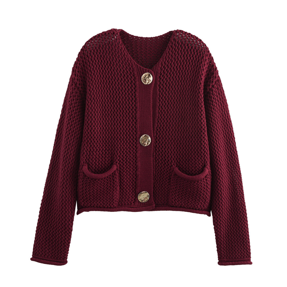 Women's autumn winter round neck hollow out thick needle long sleeve sweater coat