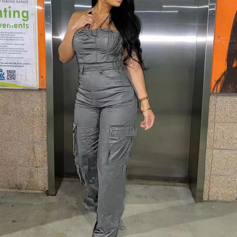 Sexy off-the-shoulder tube top tight-fitting waist PU leather jumpsuit