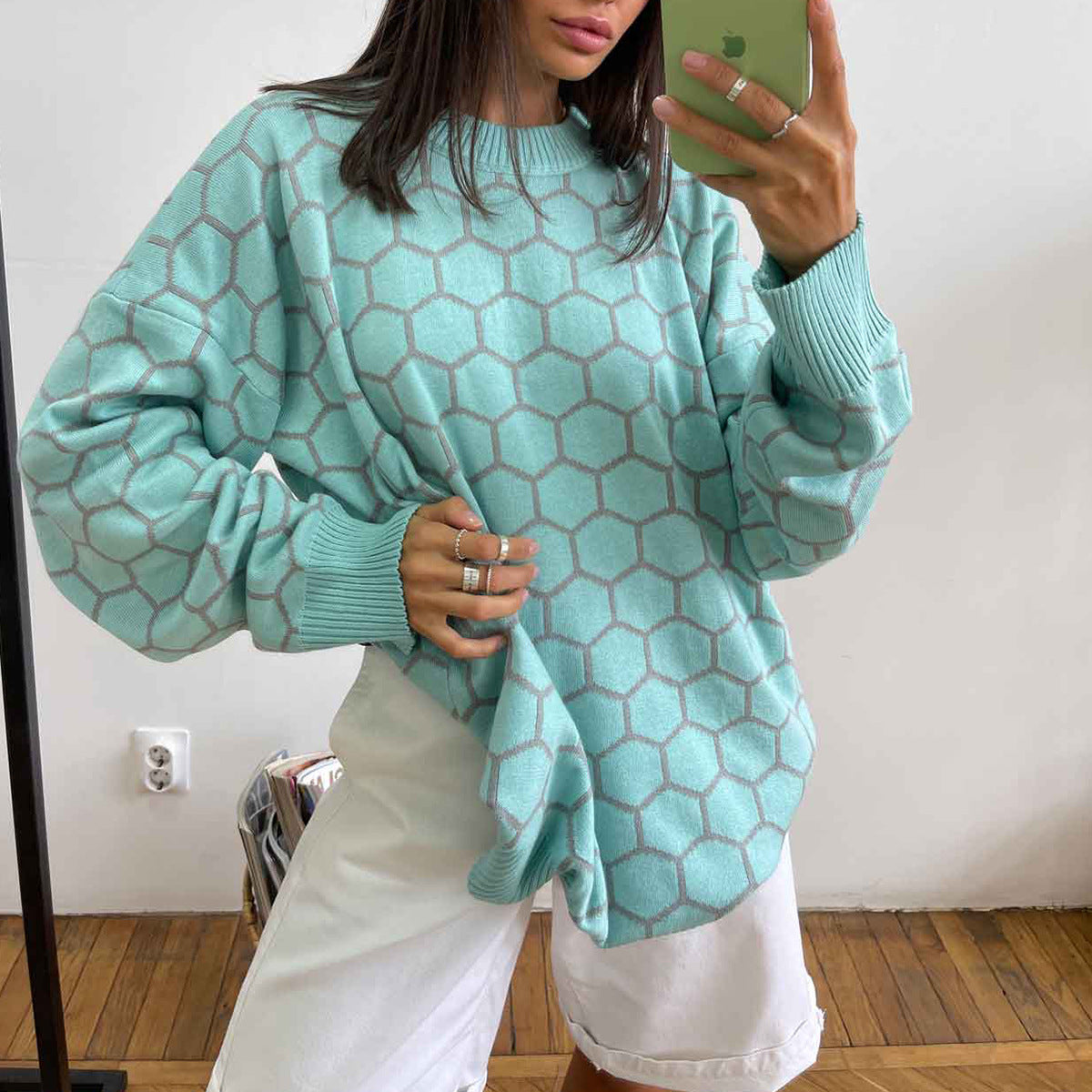 Round neck honey sweater autumn and winter loose plaid pullover round neck knitted women's top