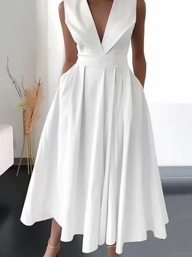 Summer sleeveless waist pocket pendulum medium and long solid color dress
