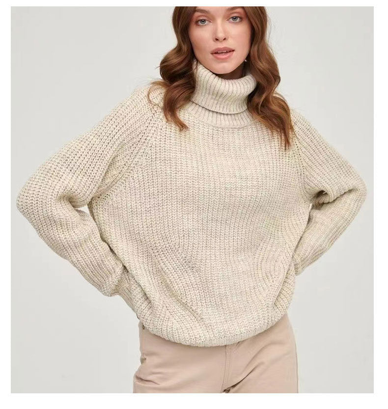 Women's turtleneck sweater knitted loose thickened autumn and winter solid color casual mid-length pullover top