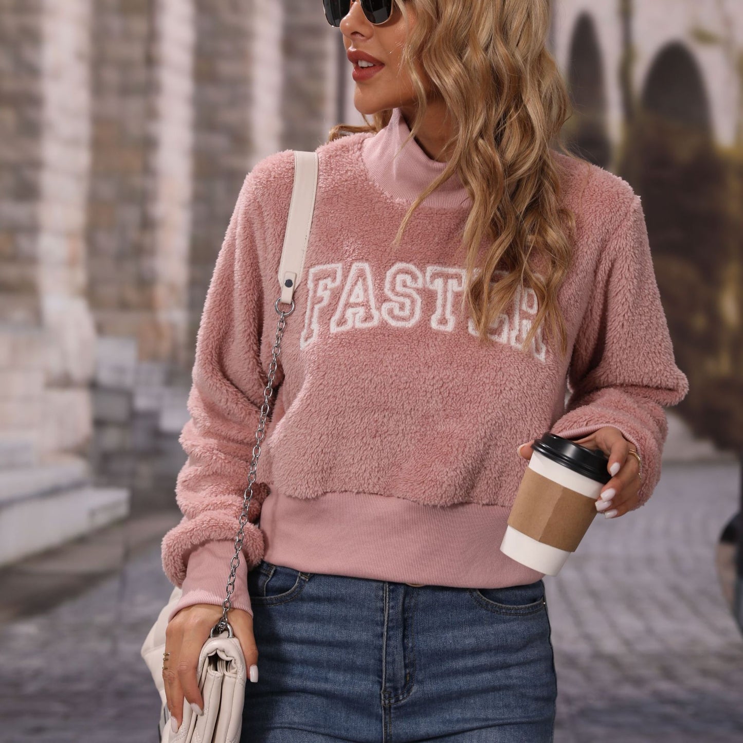 Autumn women's round-neck pullover long sleeve alphabet embroidery pink sweatshirt