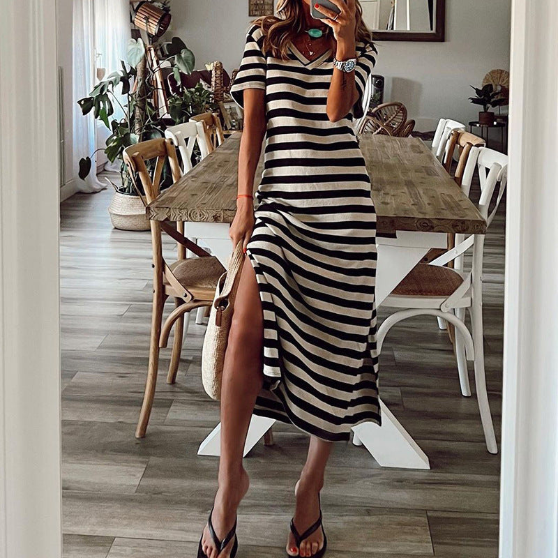 Spring plus size striped printed dress  loose hem skirt