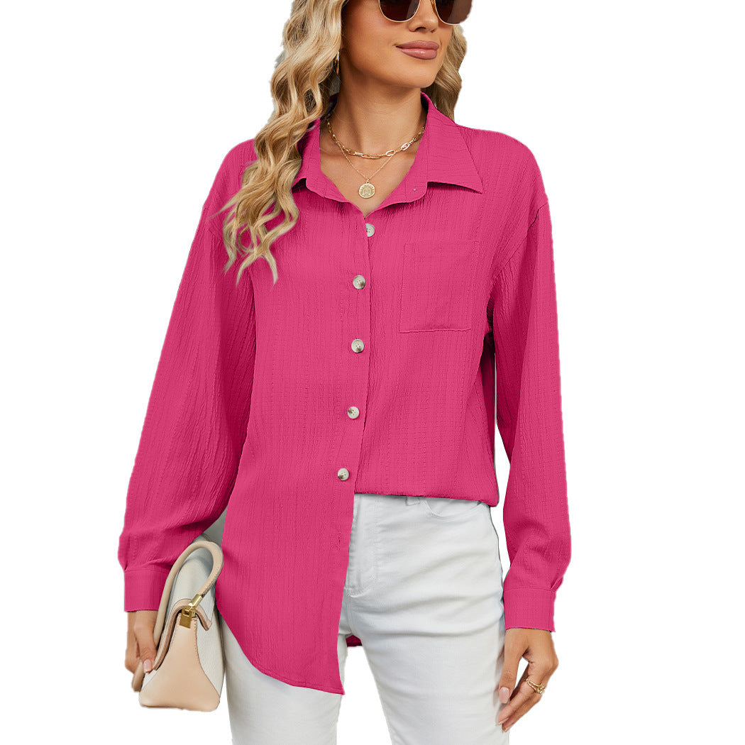 2025 autumn and winter leisure loose long sleeve lapel button solid color shirt Women