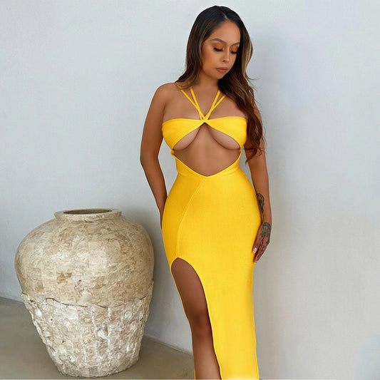 Fashion women's wear sexy hollow-out camisole backless midriff outfit high slit bandage one-piece dress