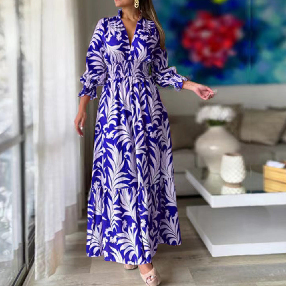New long dress, waist pullover, bohemian print long-sleeved big swing dress.